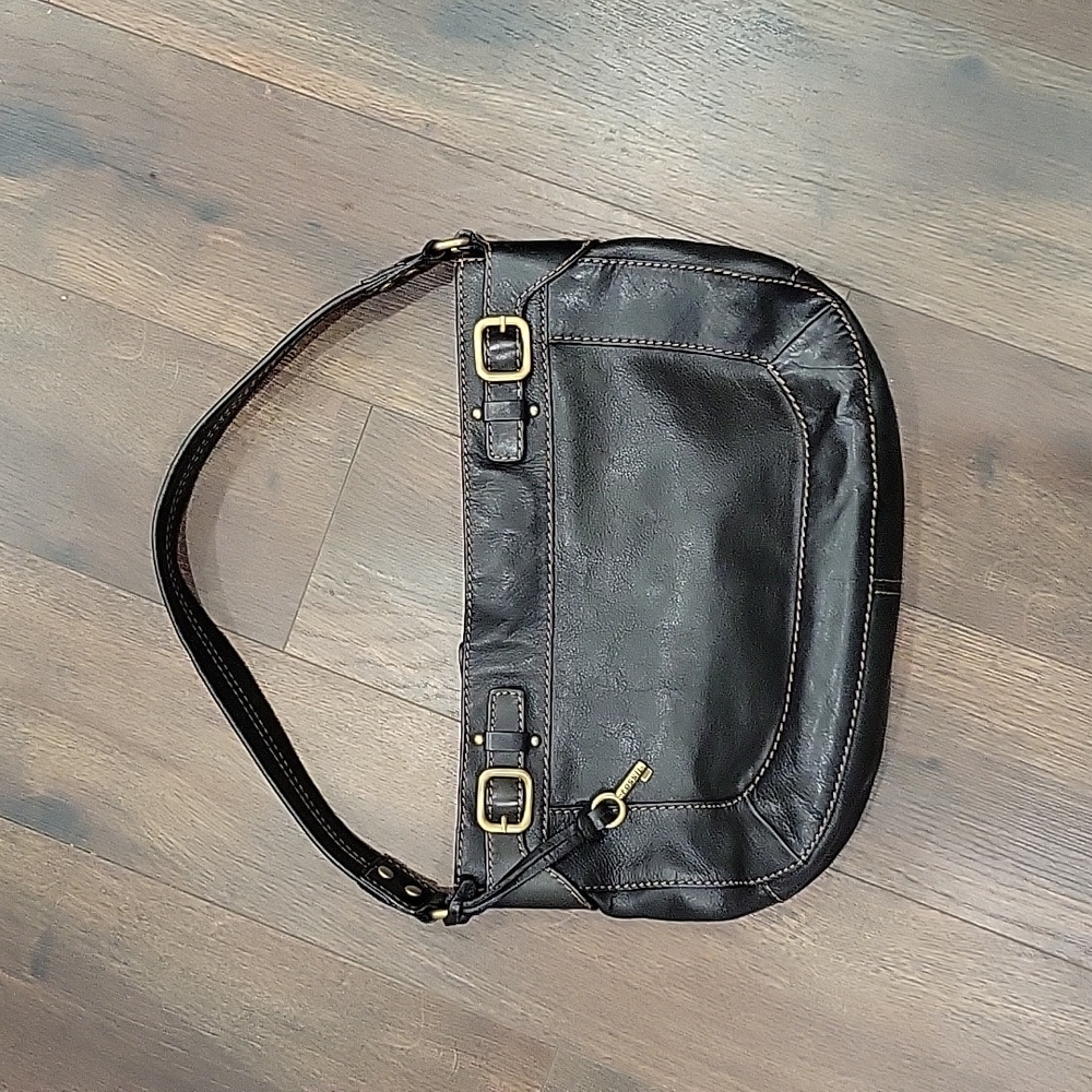 Fossil Black Leather Shoulder Bag with Gold Hardware